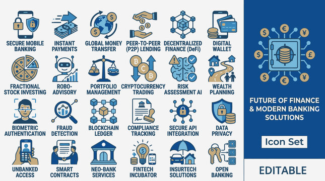 A collection of modern business and finance icons showcasing various financial solutions and banking concepts on a digital platform.