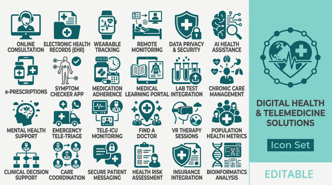 Healthcare professionals discuss telemedicine solutions with digital icons
