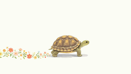 Obraz premium Whimsical Soft Watercolor Illustration of a Gentle Walking Baby Tortoise With Delicate Trailing Wildflower Border, Calm Nursery Art on Warm Cream Background