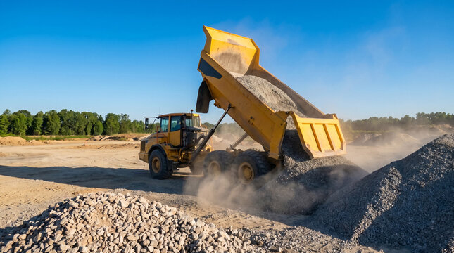 Heavy-duty articulated dump truck actively unloading gravel on a dusty construction site under a clear blue sky