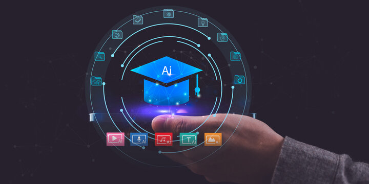 Online instructor using futuristic AI e-learning technology, smart education platforms, and interactive digital tools to improve virtual classrooms, remote training, and future learning experiences.