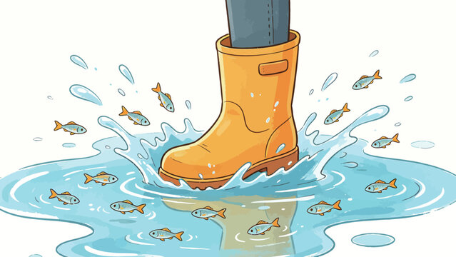 Whimsical playful illustration of a bright yellow rain boot on a denim-clad leg stepping into a puddle, tiny orange-accented fish swim and leap amid water splashes