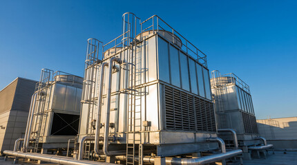 Fototapeta premium Modern industrial cooling towers and HVAC equipment on a commercial building rooftop under clear blue sky
