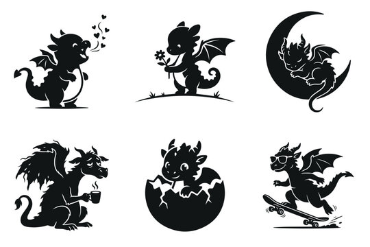 Set of cute baby dragon silhouettes in different poses