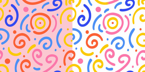 Fototapeta premium Colorful abstract swirl pattern with loops and dots on a pink and white background