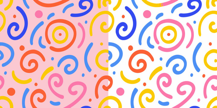 Colorful abstract swirl pattern with loops and dots on a pink and white background