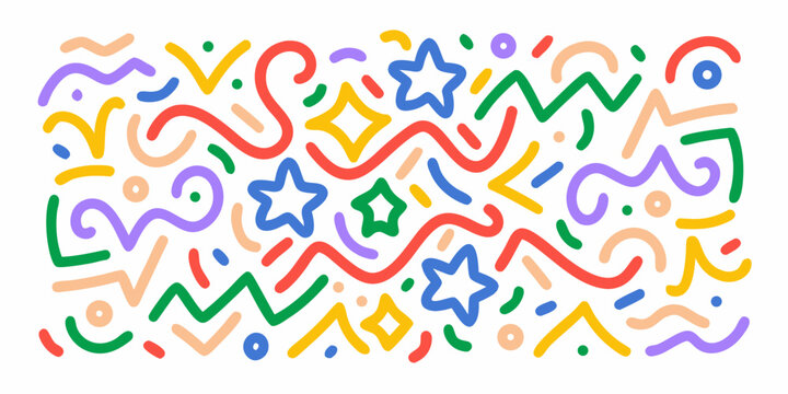Colorful abstract doodle pattern with overlapping shapes and lines on a white background high quality