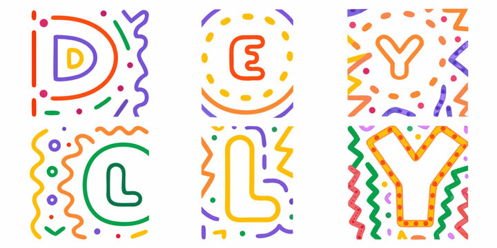 Colorful doodle lettering set with abstract shapes and playful line art on white background