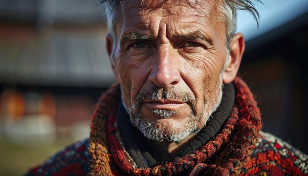 Intense Gaze of a Weathered Man - A Portrait of Resilience.