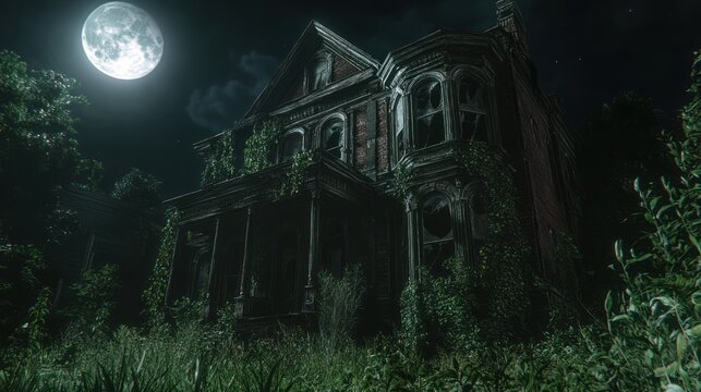 A haunting, abandoned mansion under moonlit sky enveloped in dense greenery