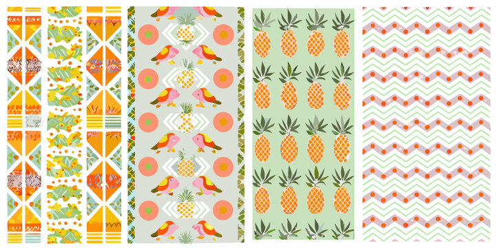 Tropical pattern with birds pineapples and zigzag stripes in pastel colors high quality professional detailed