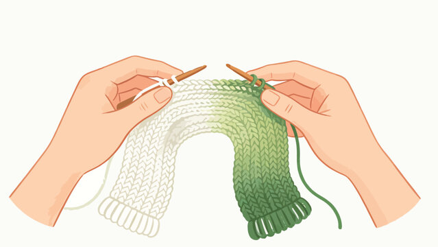 Soft gentle digital illustration of a person's two hands holding wooden knitting needles, working on ombre white-to-green stockinette stitch knit fabric on plain white background