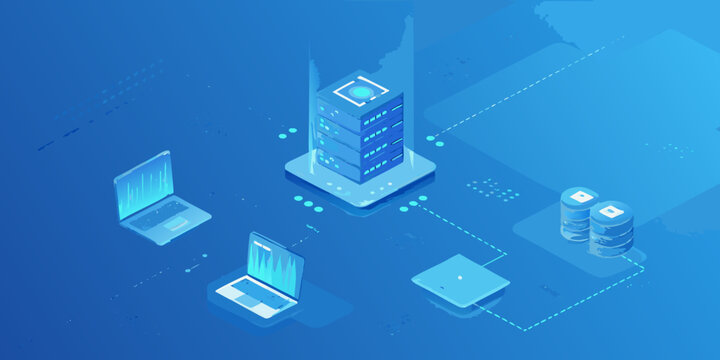 isometric software development illustration with laptops servers and data connections in blue tones high quality