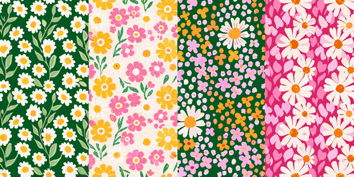 Repeating floral pattern with daisy and wildflower motifs in vibrant color palettes high quality professional