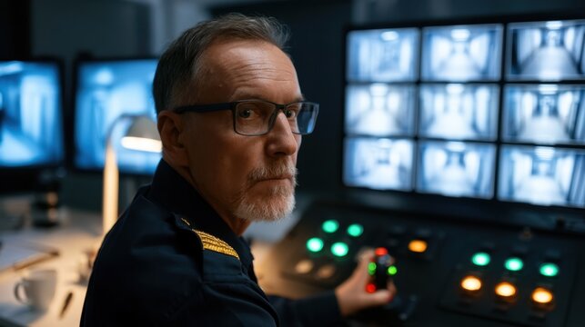 Serious middle aged security officer monitoring multiple surveillance screens inside control room with green and red indicator lights on control panel