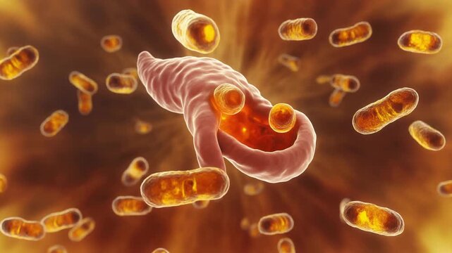 Microscopic bacteria colony swimming in fluid, with glowing elongated rod-shaped organisms and a larger microorganism consuming smaller ones