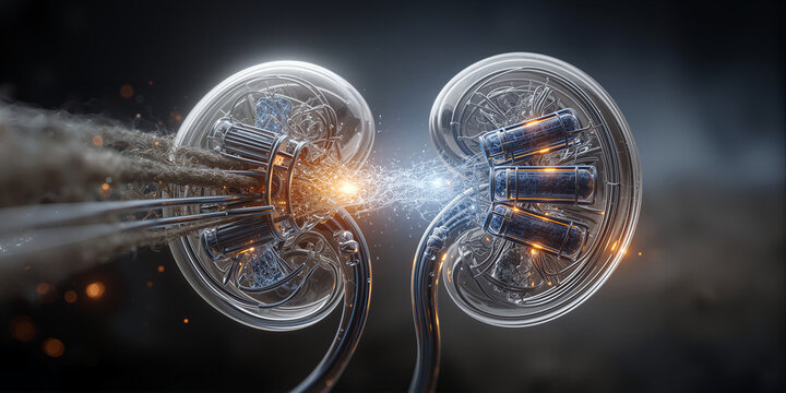 Visual narrative showcasing experimental repair and electric energy exchange between paired kidneys