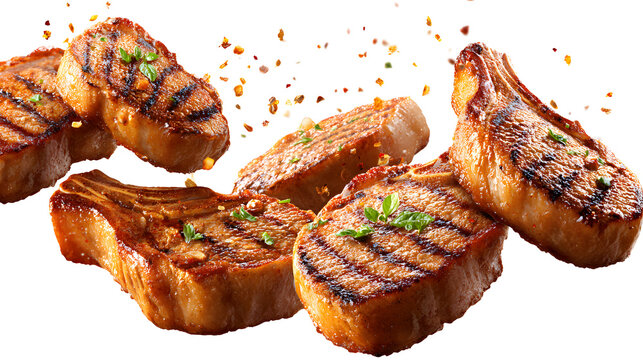 grill pork chops, beef steaks, flying in the air, grilled meat isolated on a white background
