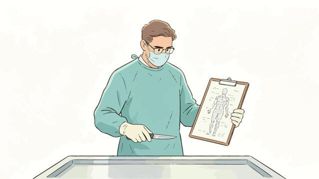 Warm soft line illustration of a bespectacled masked male medical examiner holding scalpel and anatomical diagram clipboard over an examination table