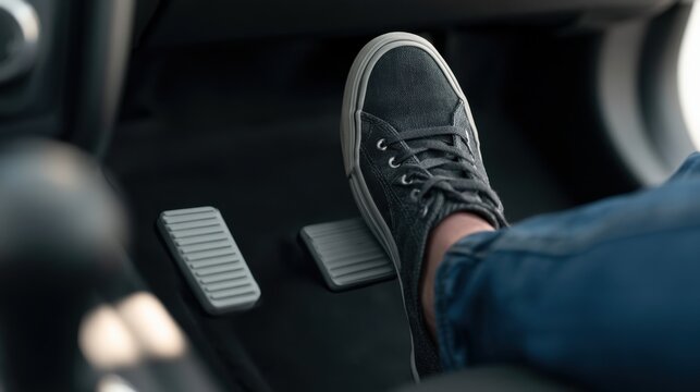 Close-up of a person wearing black canvas shoe pressing down a clutch pedal in a car footwell with other pedals visible and casual blue jeans