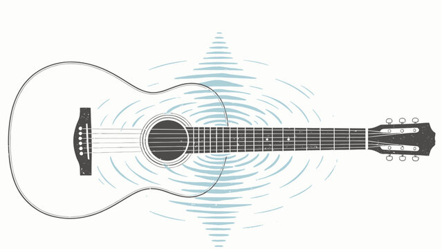 Minimalist Line Art Illustration of Horizontal Acoustic Guitar With Soft Blue Sound Waves Radiating Outward From Its Central Soundhole, Featuring a Clean Monochrome and Pale Blue Color Palette