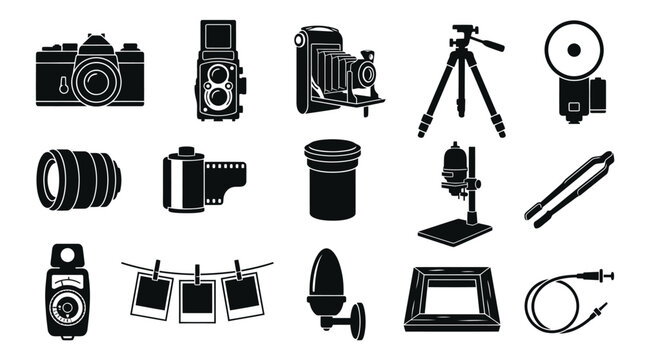 Photography Equipment Glyph Icons Set. Black Solid Photo Studio  Darkroom Tools Collection: Cameras, Lenses, Film, Tripods, Flash.