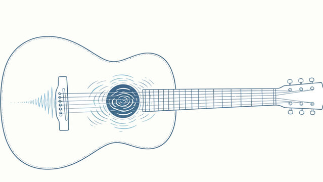 Minimalist Soft Blue Line Art Conceptual Illustration of Acoustic Guitar Depicting String Vibration and Sound Resonance From Its Soundhole