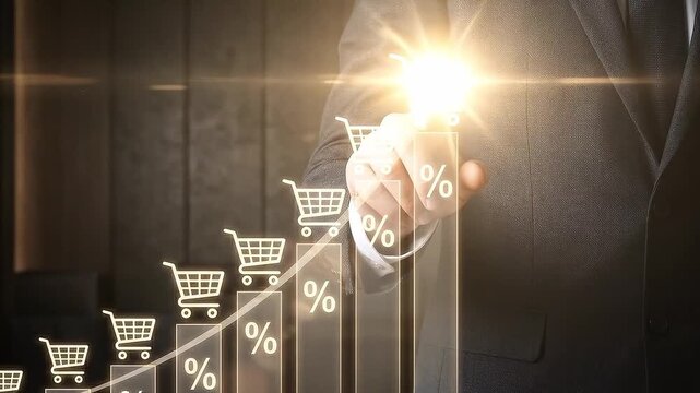 Inflation impacts consumer spending with rising graph and shopping cart icons illustrating increase in percentage, economic changes affecting business and overall economy trends