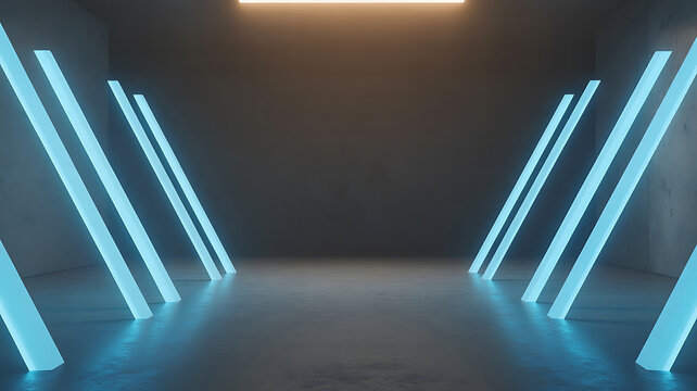 Glowing blue light bars in a dark room with a concrete floor and walls, illuminated by a single overhead light source