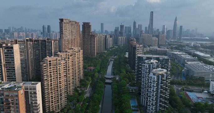 Aerial footage of landscape in shenzhen city, China 