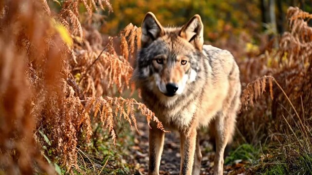 cute wolf moving along narrow autumn fern trail, low head and focused amber eyes, golden forest color, dry bracken texture, secretive cinematic woodland predator moment with warm seasonal depth