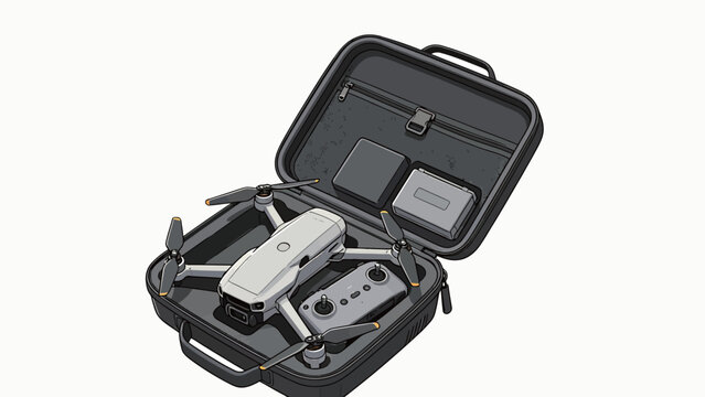 Clean minimalist line art illustration of an open hardshell drone carry case holding quadcopter, remote controller, and spare batteries on plain white background