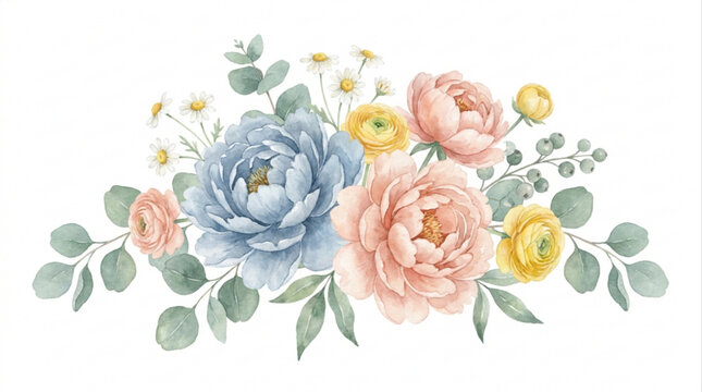 Romantic watercolor flower bouquet with delicate pastel blooms and graceful botanical elements for elegant designs