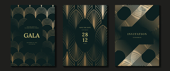 Fototapeta premium Luxury jade and emerald green gala invitation card set vector. Art deco gold geometric line templates for wedding, party, corporate event, VIP celebration and formal night design.