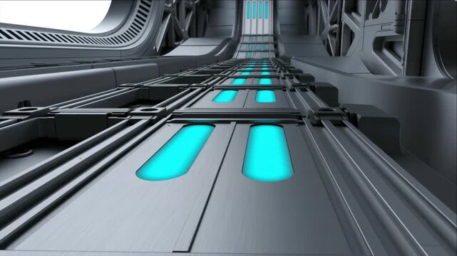 宇宙船の通路でチタン構造体とシアンの誘導ラインが構築される工業インフラ背景