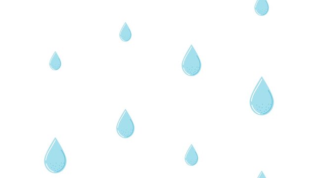 Cartoon raindrops falling motion background, light blue water droplets dynamic animation on white screen, precipitation forecast weather element.