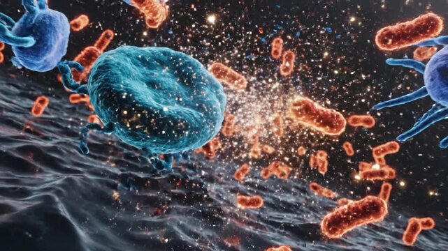 Ultra detailed cinematic 3D microscopic battle animation aggressive bacteria multiplying rapidly inside dark biological fluid environment immune cells chasing surrounding and engulfing bacteria glowin