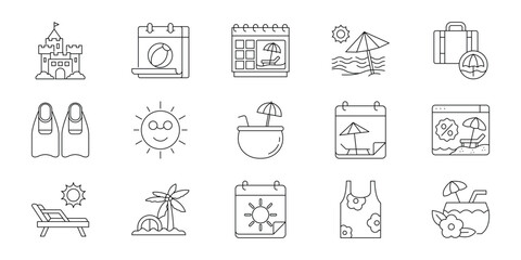 Summer vacation and beach holiday outline icons set featuring travel essentials, tropical resorts, leisure activities, and seasonal planning symbols © Tifany