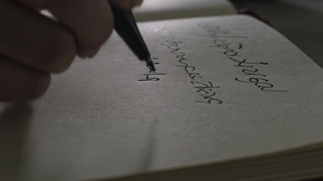 Hand writing cursive calligraphy text in a notebook with a black pen