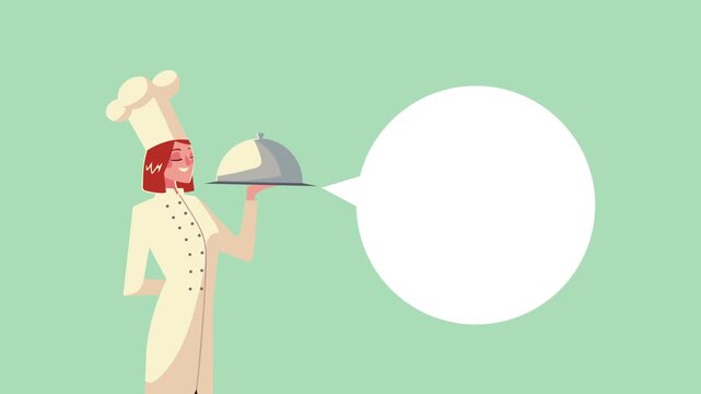 Professional female chef in uniform holding cloche platter with speech bubble motion graphics.