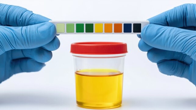Medical laboratory technician holding pH test strip with color chart above transparent urine sample container to analyze health condition