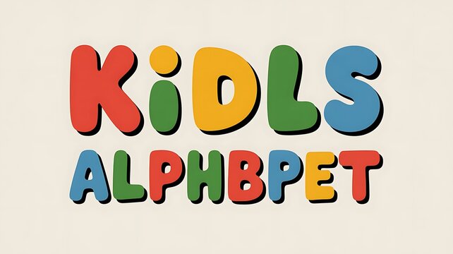 Colorful bubble letter text reading kids alphabet on a light beige background, with a soft, drop shadow effect