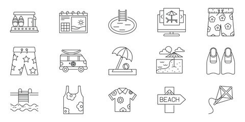 Collection of summer vacation and beach holiday outline icons for travel, leisure, and relaxation. Essential vector symbols representing seasonal adventures and poolside enjoyment © Tifany