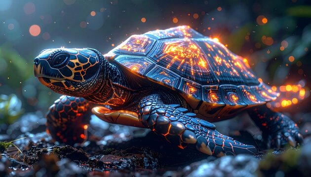 A turtle with a glowing shell on the ground.