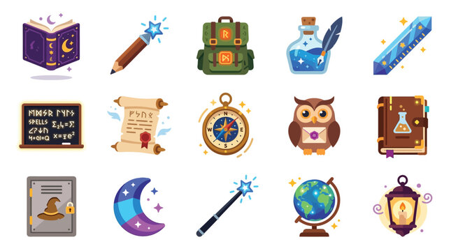 Collection of magical and fantasy school items, including books, wands, potions, and an owl.