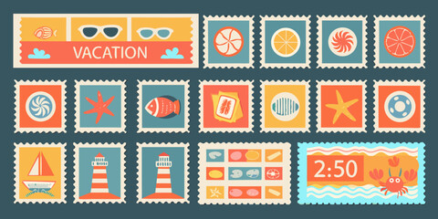 Collection of vibrant travel themed postage stamps with summery illustrations on a teal background © Bebdas