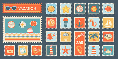 Collection of vibrant travel themed postage stamps with summery icons and a blue background © Bebdas