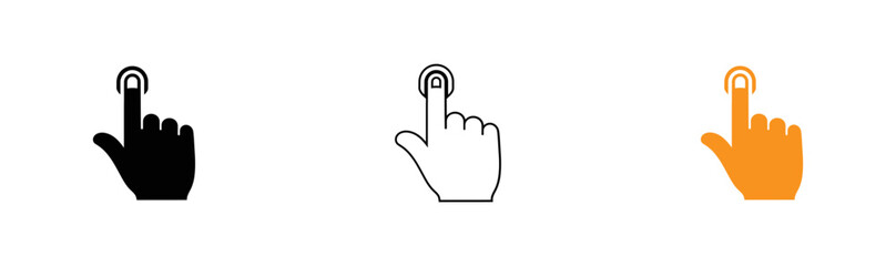 Obraz premium Hand pressing button icon set black outline and orange versions