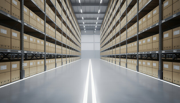 Warehouse aisle with shelves and boxes ? storage facility interior