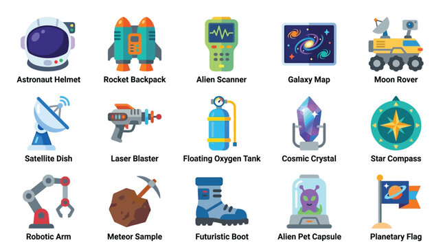 Collection of colorful cartoon icons representing space exploration and science fiction elements.